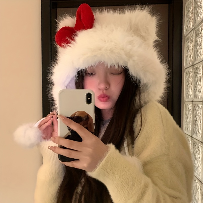 

Cozy Plush Cat Ear Beanie With Red Bow - Warm, Windproof Winter Hat For Women | Machine Washable Polyester