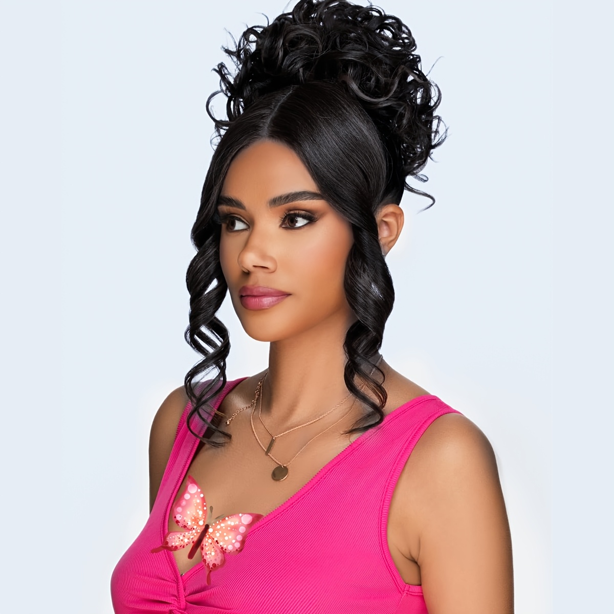 Brown Messy Bun Hair Piece With Bangs Drawstring Ponytail Extension Updo Wig & Hair Topper With Long Side Bangs, Ponytail With Bangs Hair Bun Hairpieces For Women