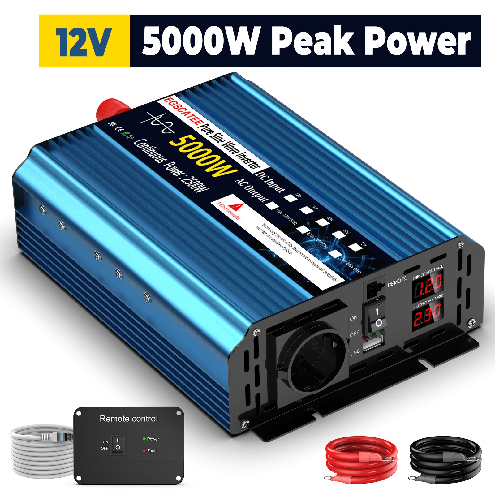 Image of Pure Sine Wave 5000w 2500w 12v To 230v Ac Car Power Inverter Converter, With Remote Control, Led Display, Usb Charging Suitable For Boats, Car , Rvs, Travel, Compatible With Laptops, Without Battery