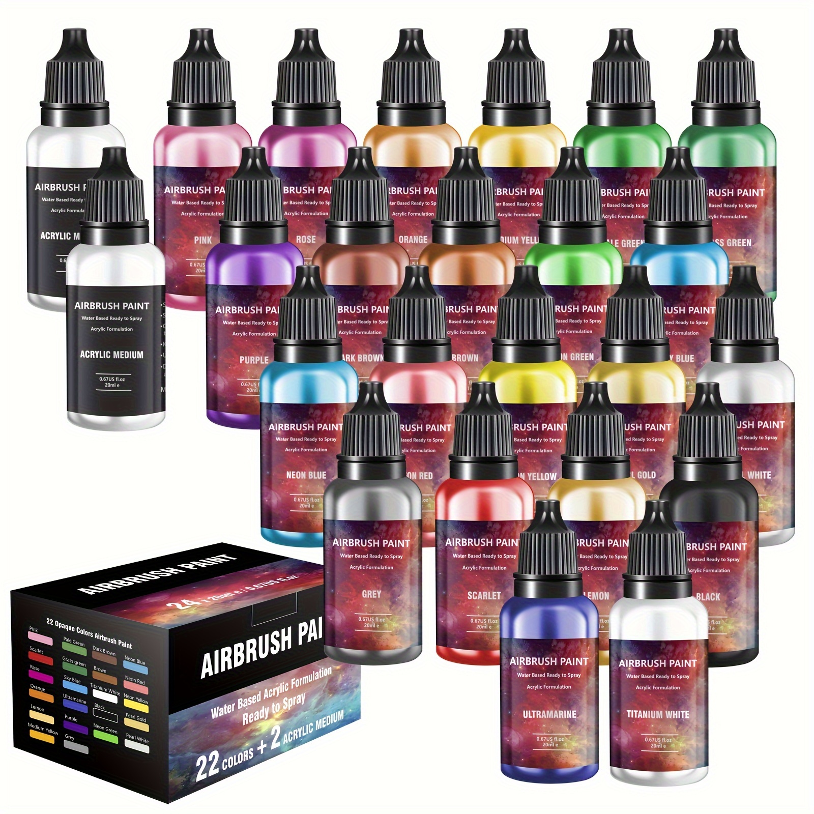 

Peinture pour Aérographe, 22 Couleurs Plus 2 Diluants Ensemble de Peinture pour Aérographe, Peinture Acrylique à Base d'Eau, Peut Être Pulvérisée à Tout Moment, 20ml/bouteille