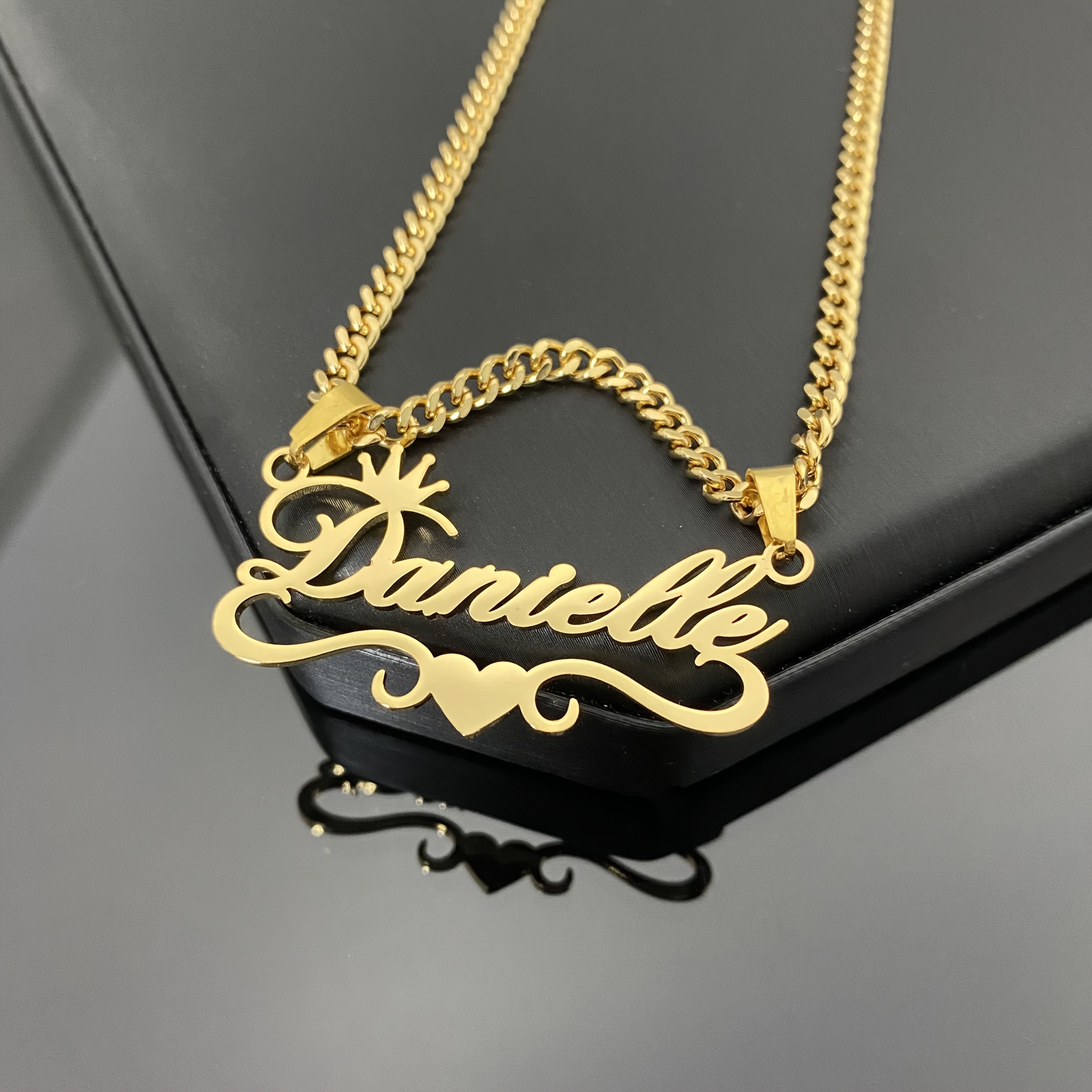 TEMU A Custom Self- Name Heart Stainless Steel Necklace, 18k Gold Plated, Personalized Cuban Link Chain, Matching Couple's Necklace, Suitable For
