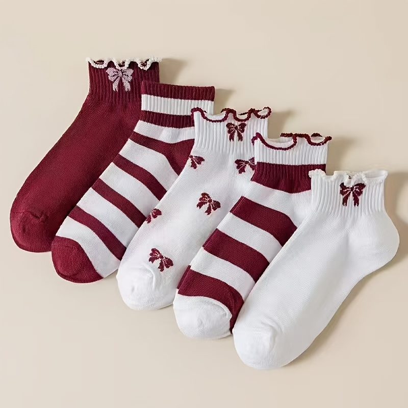 TEMU 5-pair Women's Cartoon Burgundy Bow Ruffle Casual Comfortable Breathable Versatile Ankle Socks