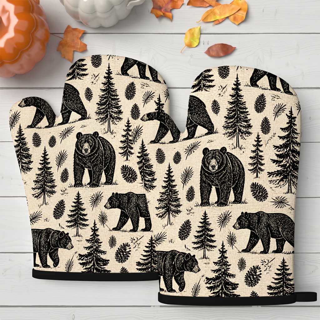 TEMU 2pcs Set Forest Brown Bear Silhouette Pattern Oven Heat-resistant Mitts, , Suitable For Kitchen, Baking, And Home Use, High-end Design, Fine