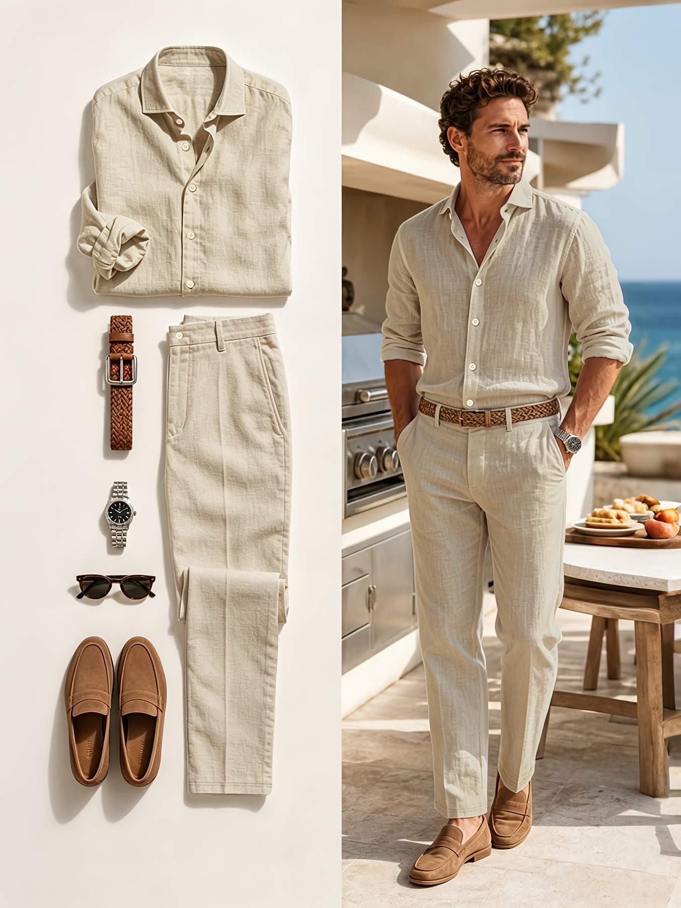 ensemble chemise en lin à col   manches longues mince et pantalon droit pour homme printemps automne nouveau, solide à taille élastique, tendance mode confortable,     sortie sport vacances rue 2 pièces 0