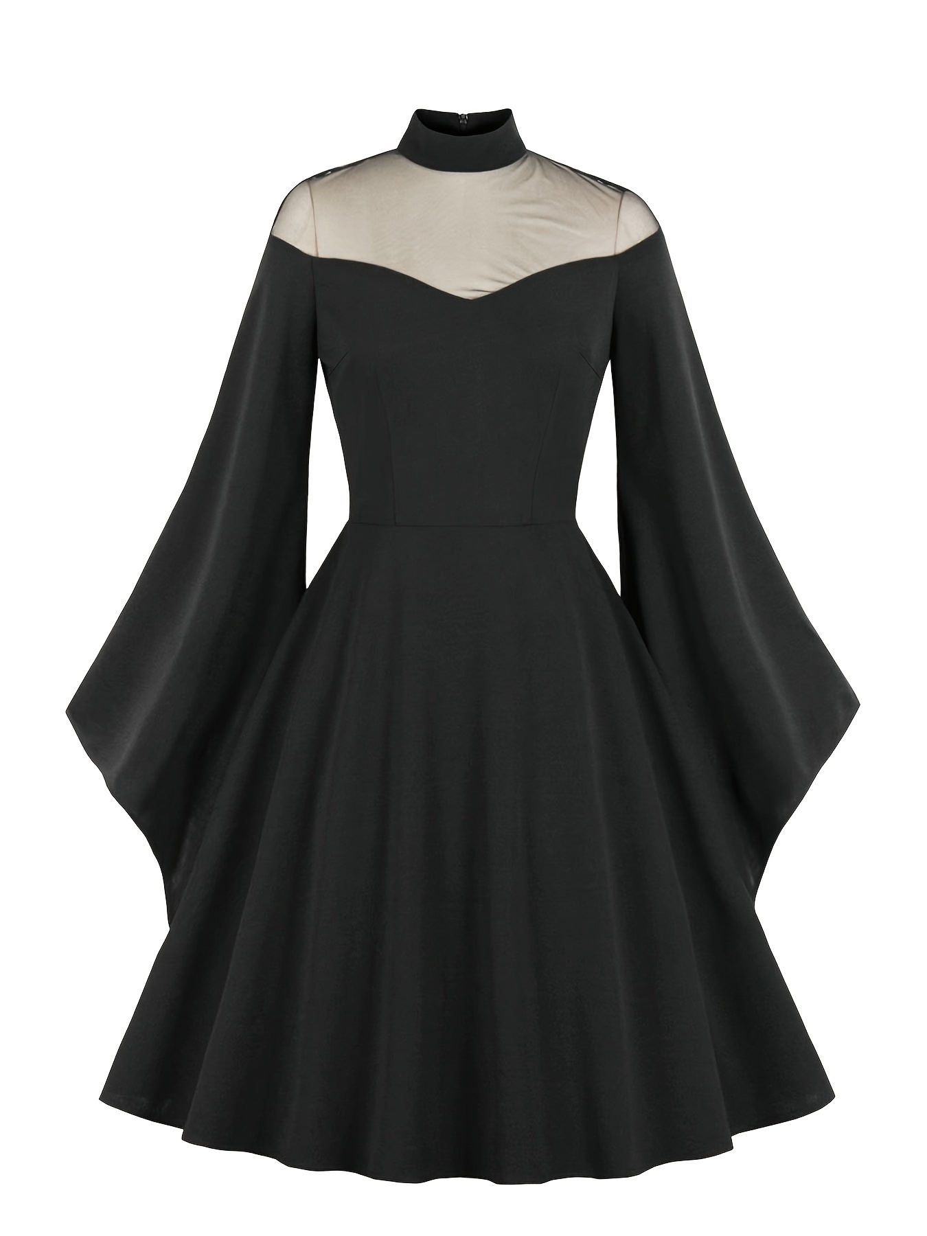 plus size halloween gothic dress womens plus contrast mesh bell sleeve high neck swing party dress