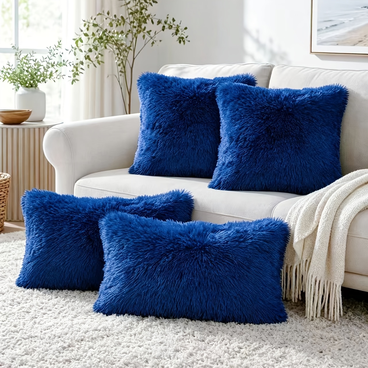 TEMU 4pcs Fluffy Throw Pillow Covers, Assorted Sizes 40x40cm & 30x50cm, Soft Plush Cushion Cases For Sofa Bedroom Living Room Decor, No Inserts