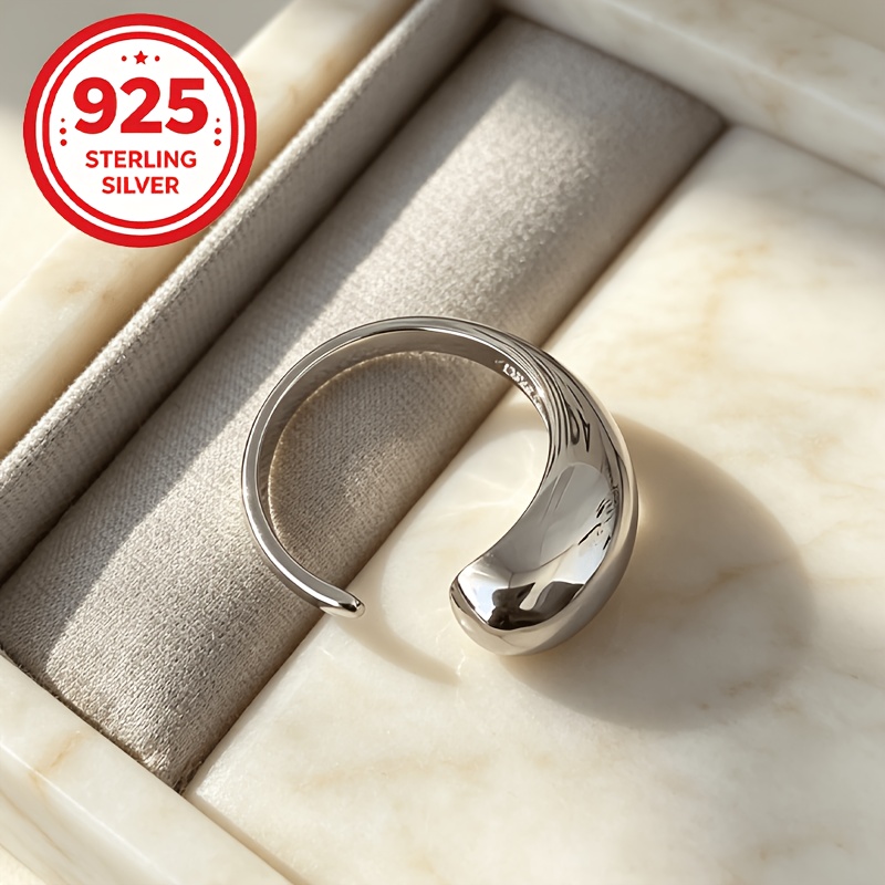 925 Silver Adjustable C-Shaped Water Drop Glossy Ring, Couples Gift