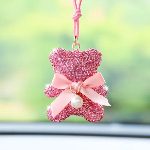 crystal encrusted teddy bear car hanging ornament with elegant bow pearl accent durable car interior accessories for rearview decor cute car gift for women car decorations embellishments