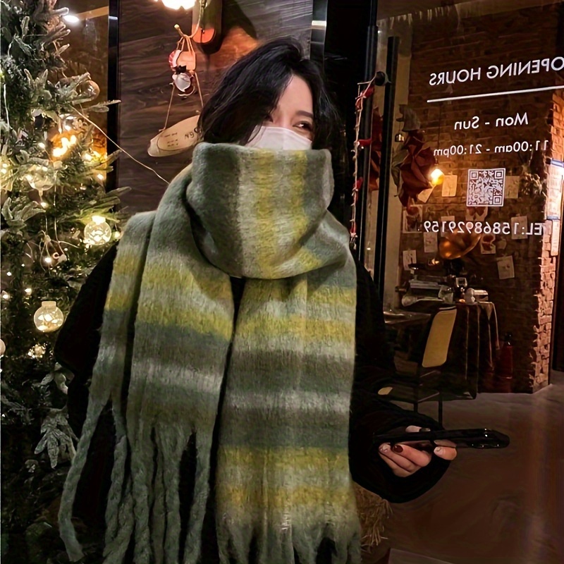 

Elegant Color-block Striped Scarf For Women - Cozy, Warm & Windproof Plush Shawl With Tassels -