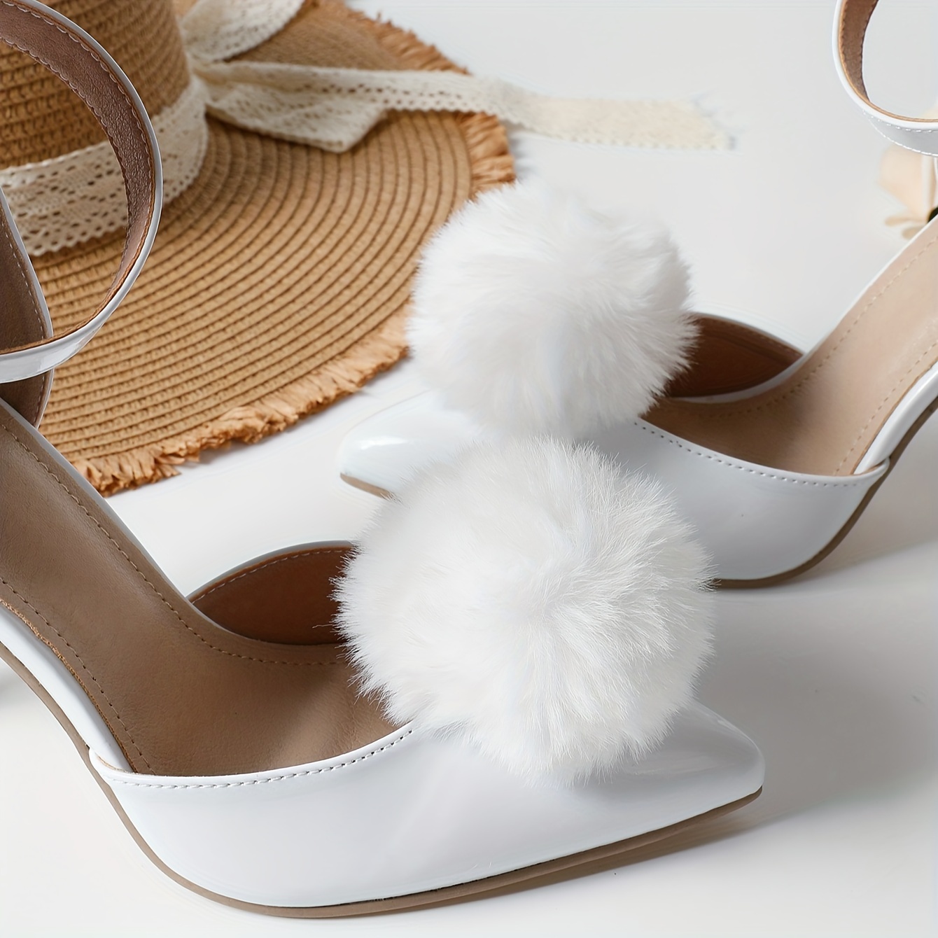 Image of A Pair Of White Round Balls, Flower Decoration, Fashionable New Versatile Balls, A Pair Of Flat High Heels, Suitable For Dinner Parties, Removable