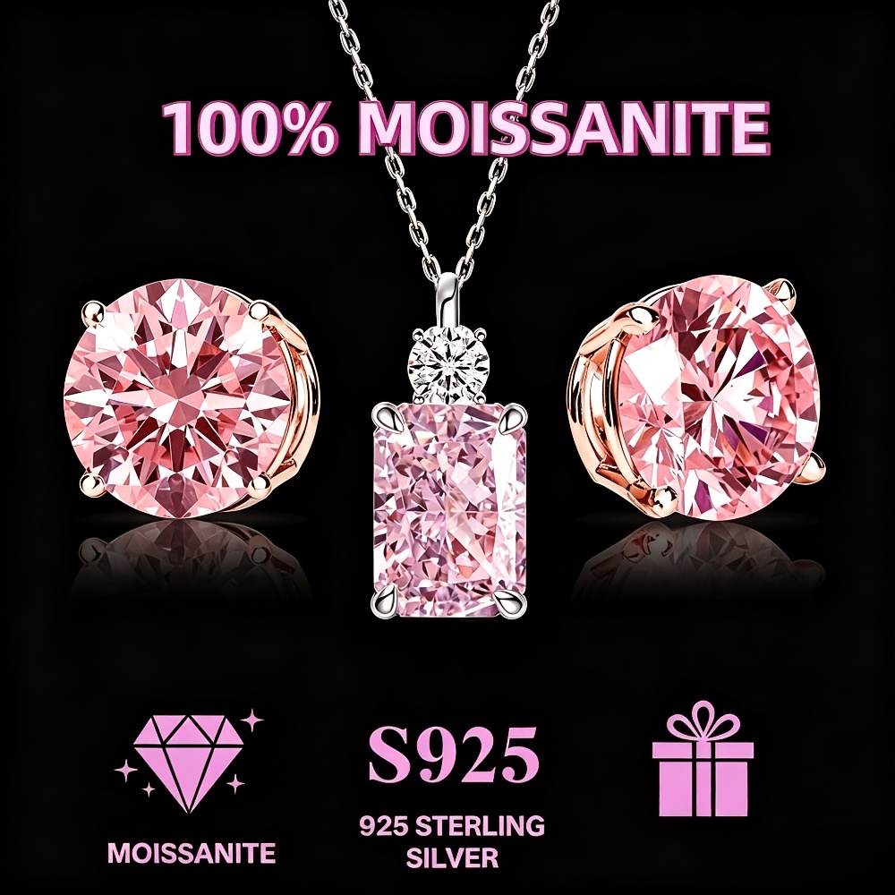 TEMU 2pcs Set Women's Fashion 925 Sterling Silver Four-prong Earrings Set With Cherry Pink Moissanite Plus Pink Crushed Ice Cut Design925 Sterling