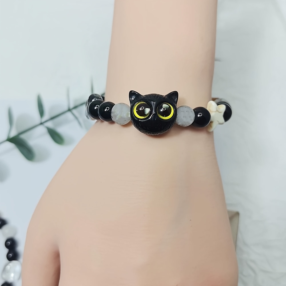 Charming Cat with Golden Star Eyes Bracelet Vintage Ceramic
