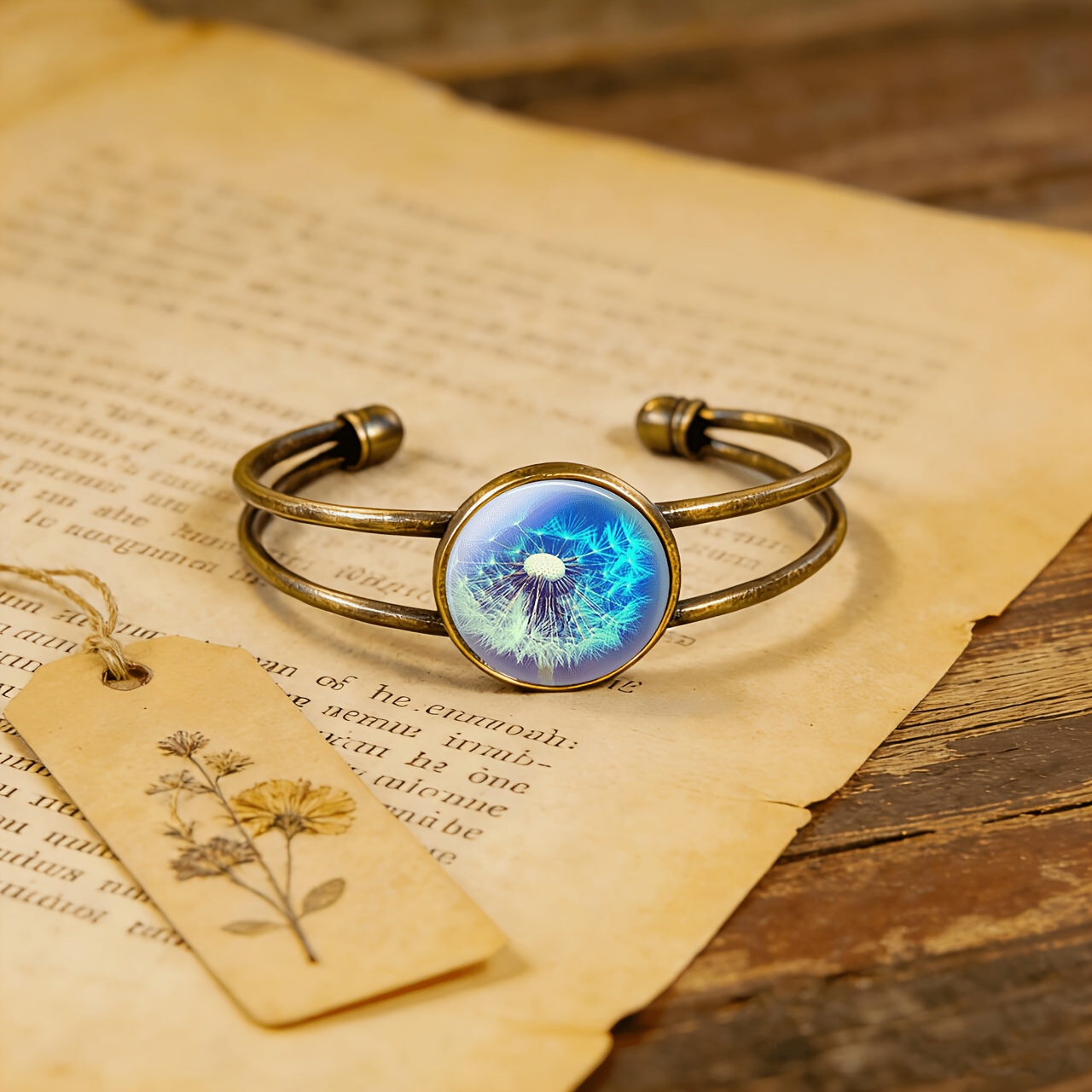 Antique Cyan Double-Layer Adjustable Opening Bracelet, Dandelion Design