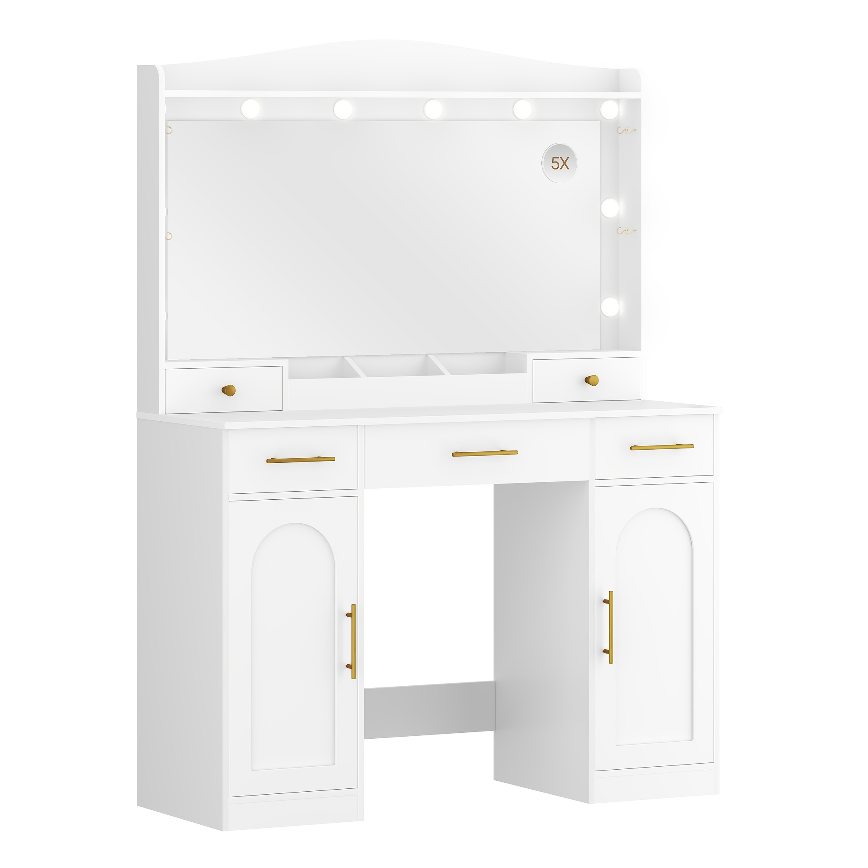 TEMU Mobiletto con specchio HD grande, luci LED regolabili a 3 colori, 5 cassetti e 2 armadietti, armadietti aperti, camera da letto, 40 X 108 X 149