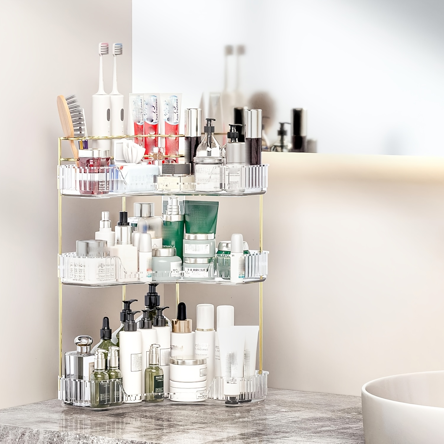 TEMU 1pc Large Capacity Two/three-layer Bathroom Corner Storage Rack, Cosmetics Storage Rack, Electric Toothbrush Storage Rack, Space Saving,