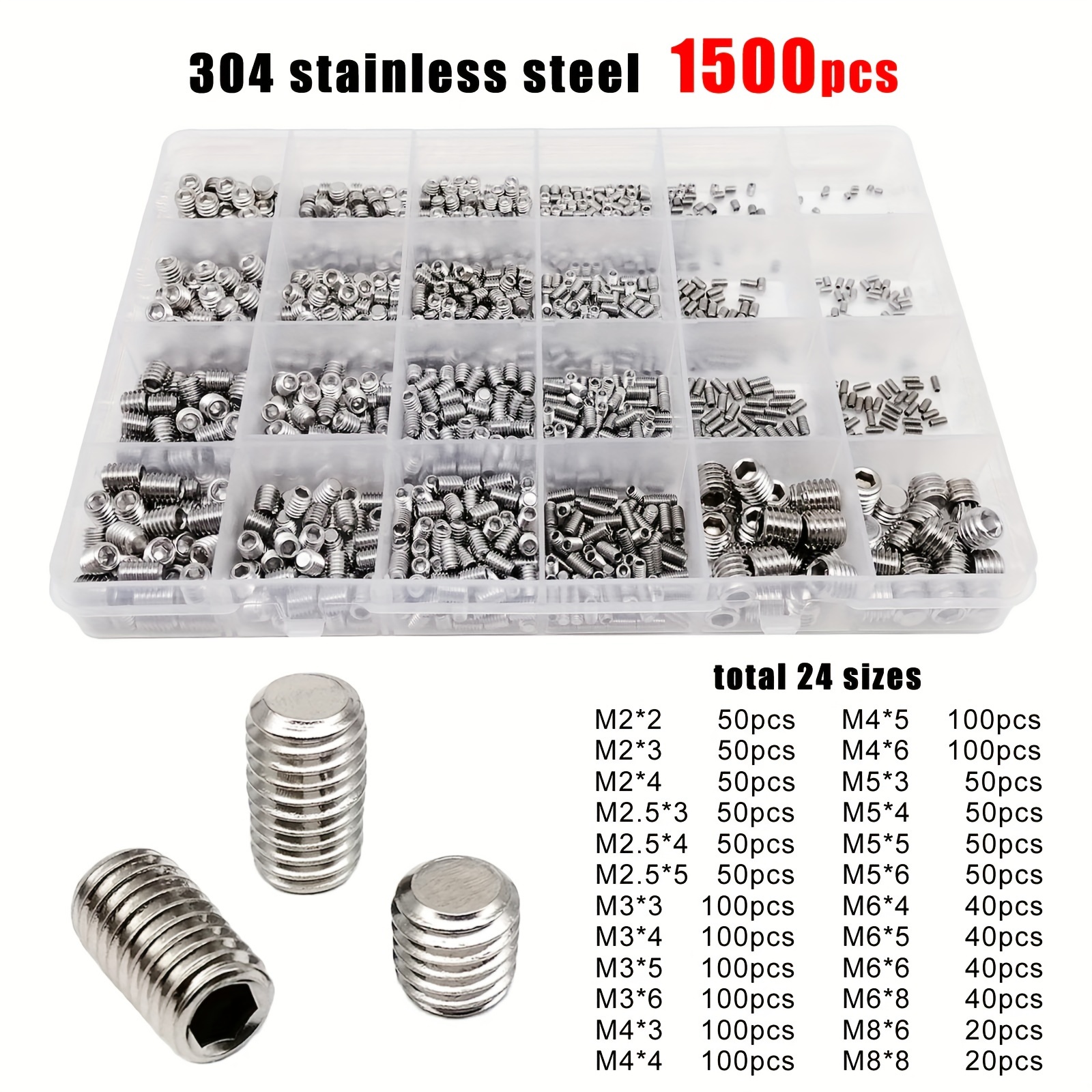 

500/1500pc Stainless Steel Hex Head Bolts & Socket Screws Set - M2 To M8, Full Thread, Corrosion Resistant For Metal Applications - Black