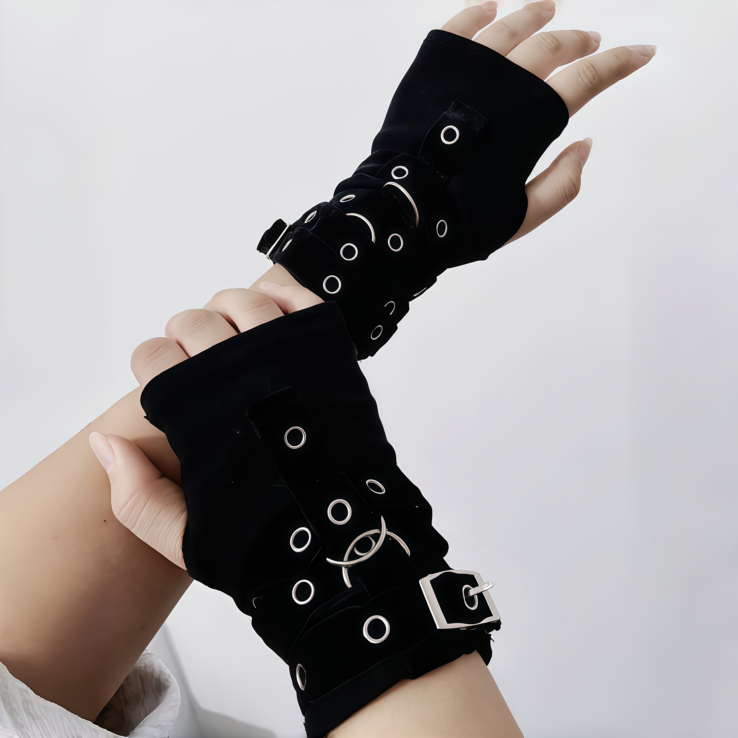 Image of A Pair Of Y2k Style Harajuku Gloves With Straps And Metal Accents, Perfect For Street Cosplay, European And American Punk, Gothic Dance, And Performance