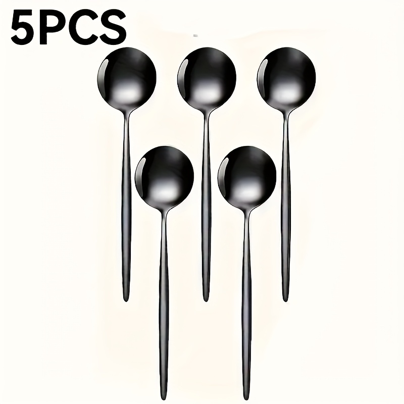 Image of 5pcs Black Stainless Steel Coffee Spoons Set, Mirror Polished, Dishwasher Safe, Suitable For Coffee, Sugar, Ice Cream And Desserts - For Home, Kitchen, Restaurant Use
