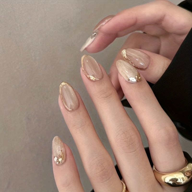 E-shop 30 Stück Kurze Mandelform Press-On Nägel, Nude Glitzer Katzenaugen Glänzende Kunstnägel für Damen, Leichter Luxus-Stil, Wiederverwendbar für ,