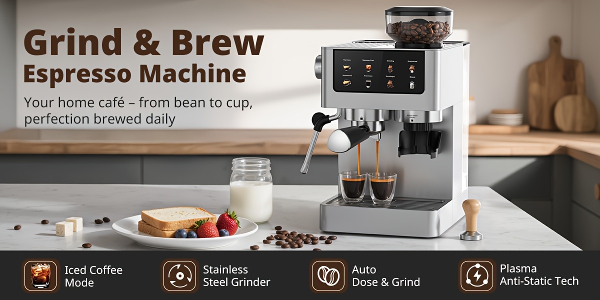 Alles-in-één Espressomachine: 20-bar Italiaanse Koffiezetter met Instelbare Molen, Dubbele Ketel, Stoomspuit en LCD Touchscreen. Ideaal voor Latte, Cappuccino, IJskoffie, Americano en Espresso