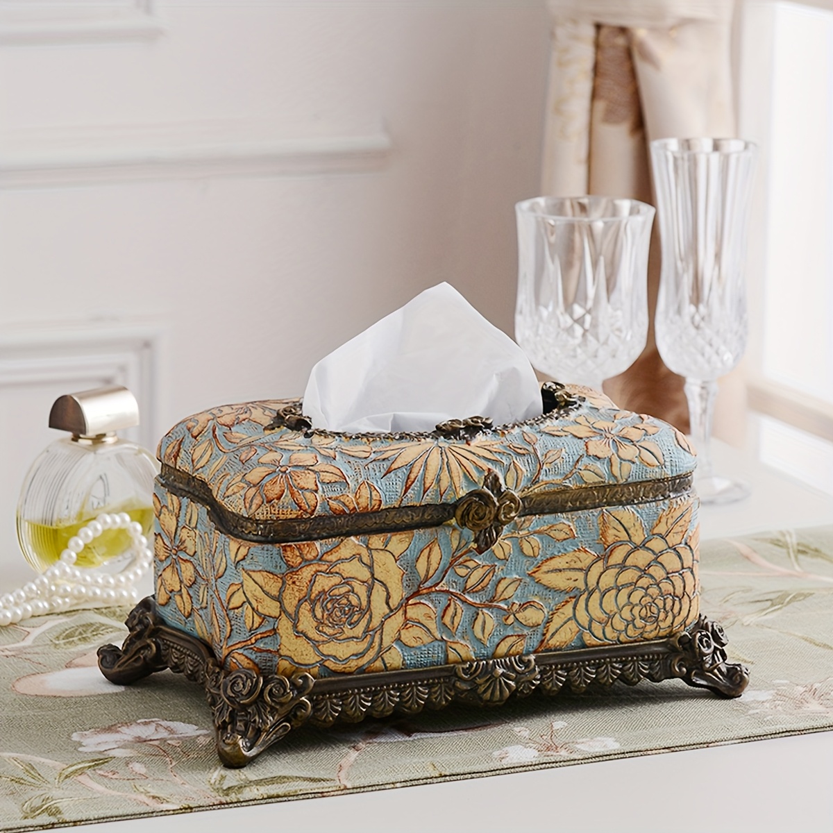 elegant floral resin tissue box holder square design with golden accents   bathroom desktop decor ideal christmas or halloween gift bathroom decor and accessories Product details 5