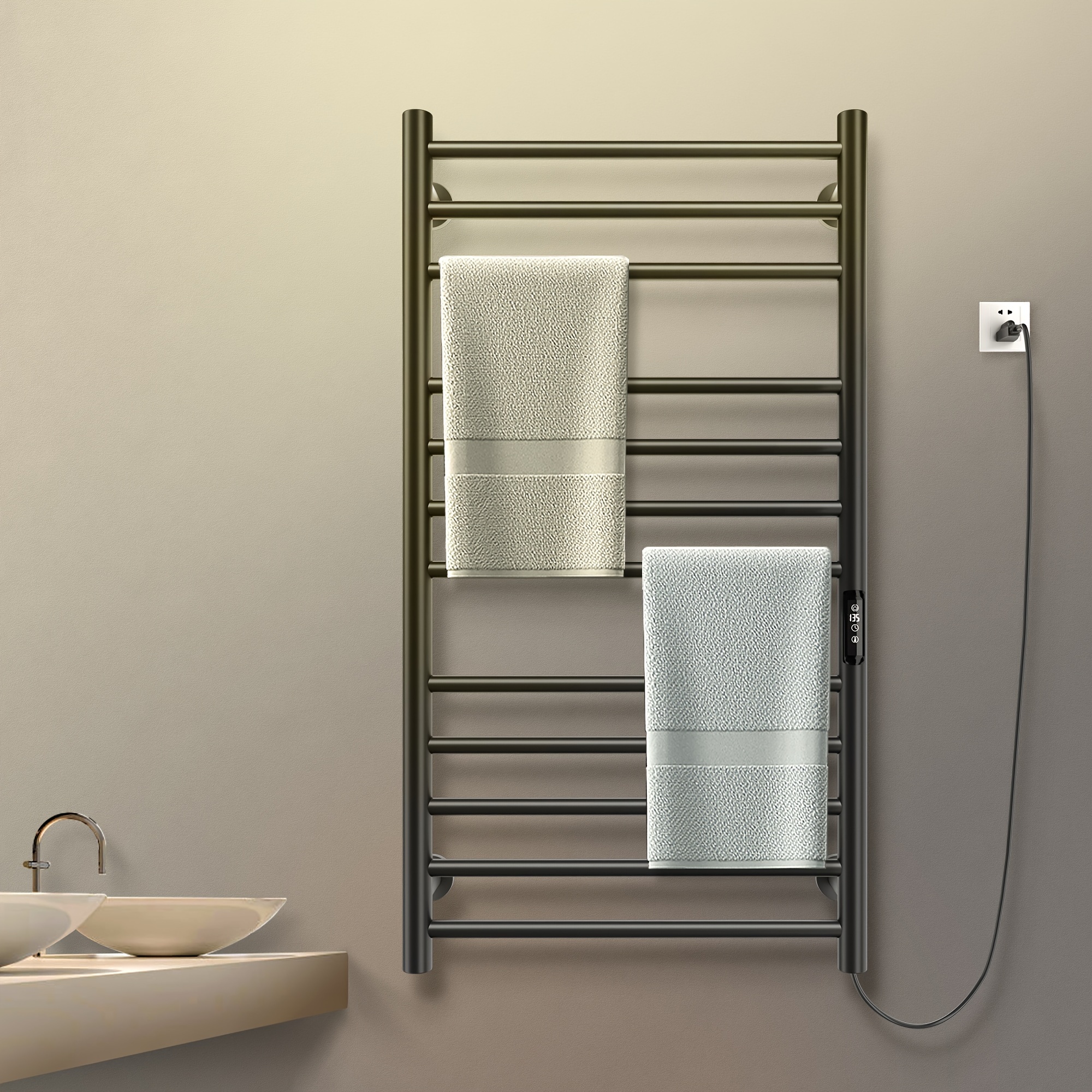 12-Bar Wall-Mounted Electric Towel Warmer - Stainless Steel Heated Rack