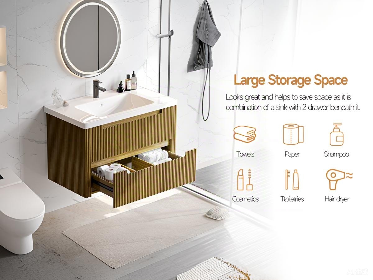 PAZCASA Curved Floating Bathroom Vanity - Modern Sink Combo with Soft-Close Drawers 17 PAZCASA Curved Floating Bathroom Vanity Side Detail