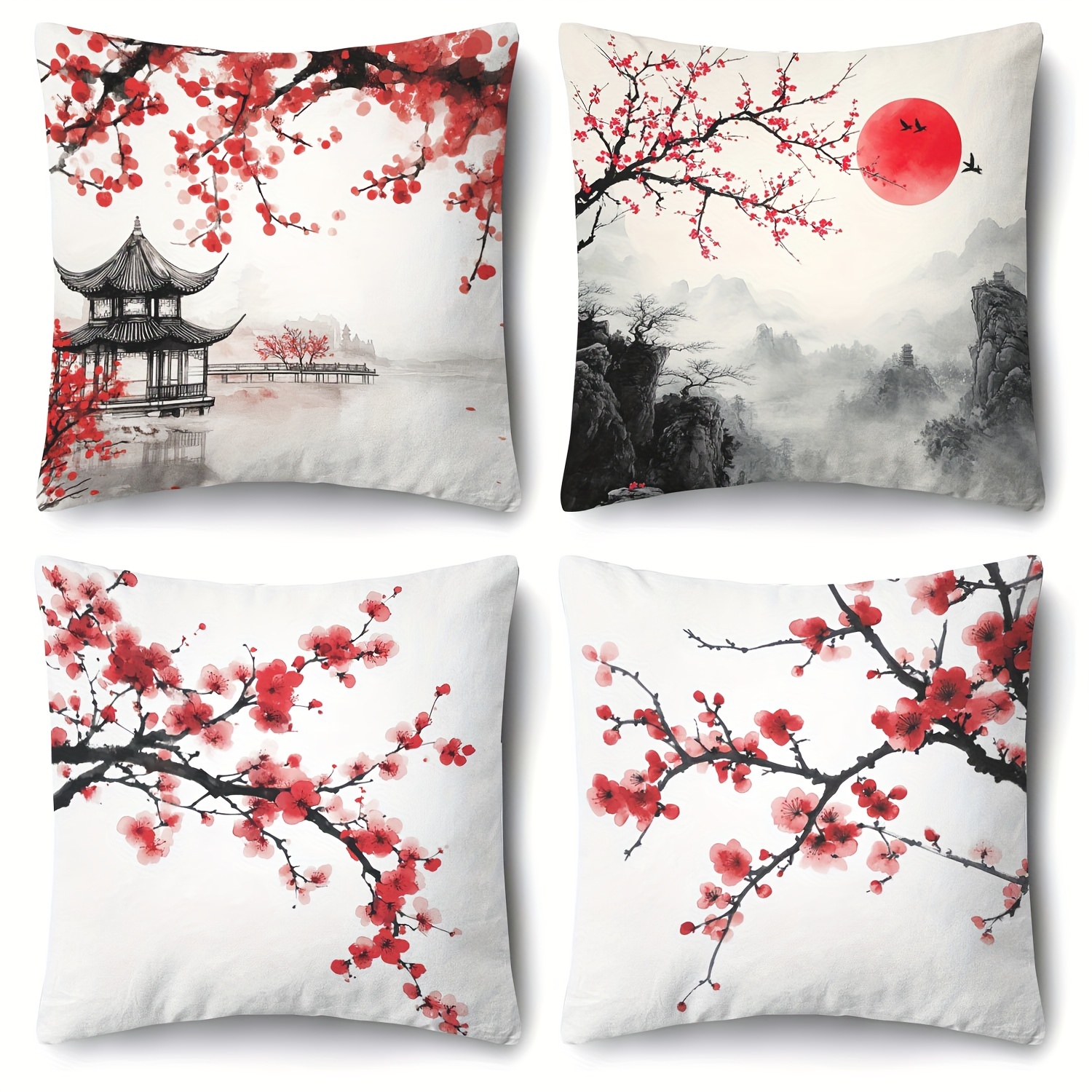 

4-pack Chinese Style Velvet Throw Pillow Covers, 18x18 Inches, Red Floral & Mountain Scenery Print, Zipper Closure, Machine Washable, Decor For Living Room And Bedroom