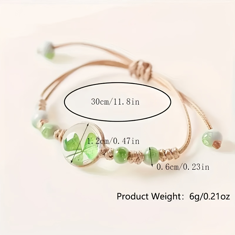 Adjustable Boho Dried Flower Bracelet with Four Leaf Clover Charm