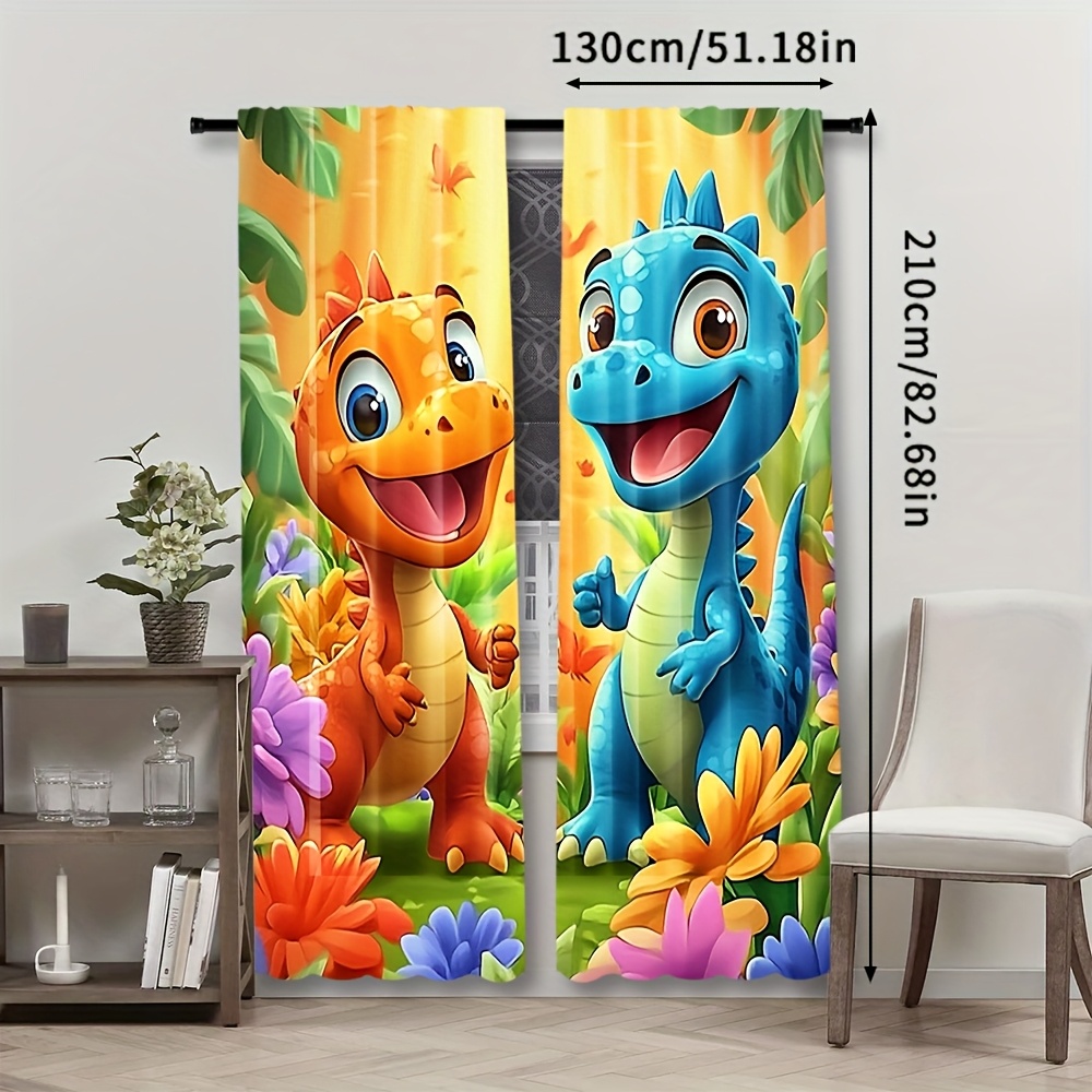 TEMU 2pcs, Cute Dinosaur Cartoon Printed Curtains, Durable Polyester, For Living Room, Bedroom, Kitchen And Office Decor