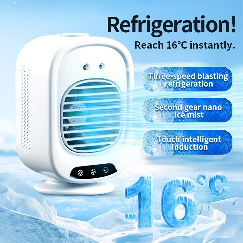 Mini ventilateur portable, refroidisseur d'air équipé d'un réservoir d'eau de 280 ml, ventilateur de bureau personnel à trois vitesses avec fonction de glace et de brouillard, ventilateur de refroidis