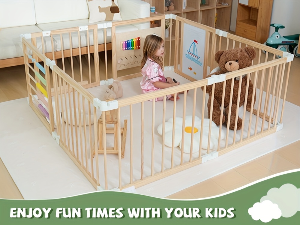 SLSY Foldable Wooden Baby Playpen Activity Center, Adjustable Size & Shape Portable Large Play Yard for Babies And Toddlers, Baby Fence Play Area Wood Gate 63