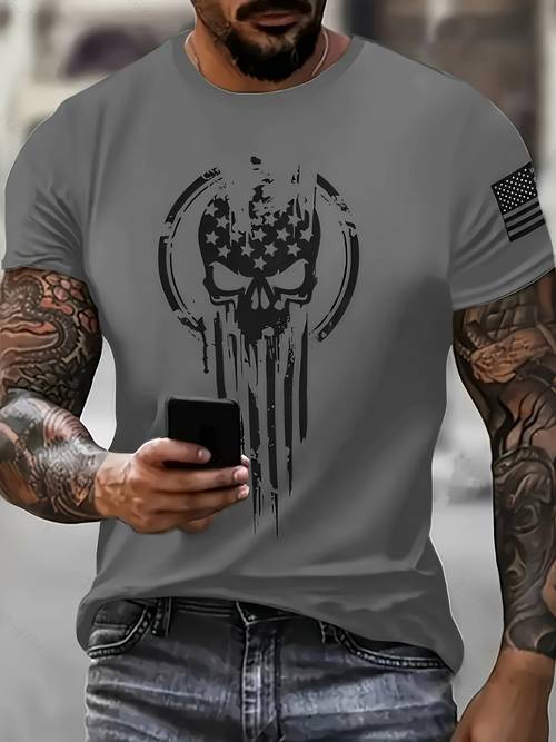 larawan ng item 3 print skull pattern na muscle shirt para sa - -summer outdoor streetwear casual short sleeve pullover, komportable at breathable stretch fabric, angkop sa gym activities, pwedeng ihain sa washing machine