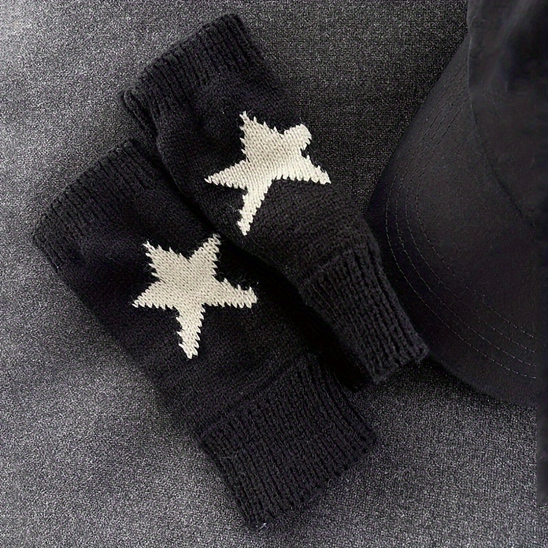 TEMU Acrylic Knit Star Pattern Fingerless Gloves – Hand Wash Only, All-season Comfort, Fashionable Arm Warmer Accessory