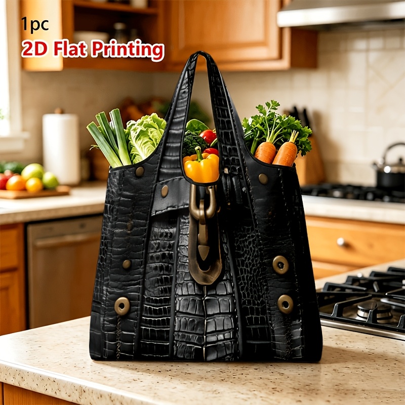 TEMU 1pc 2d Flat Unisex Large-capacity Shopping Bag Tote Bag, Black Crocodile Embossed Texture, Creative Simulated Peek , Vintage Metal And Rivet