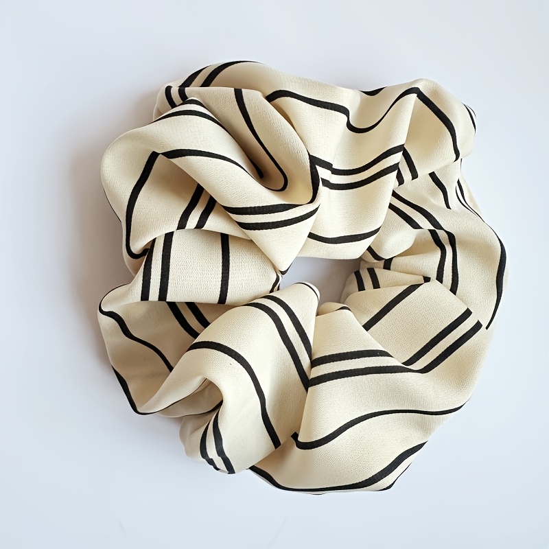 TEMU 1pc Large Bohemian Retro Beige Striped Hair Scrunchie With Pleated Satin Hair Tie - Suitable For Braids, Ponytails, Buns, Braided Hairstyles,