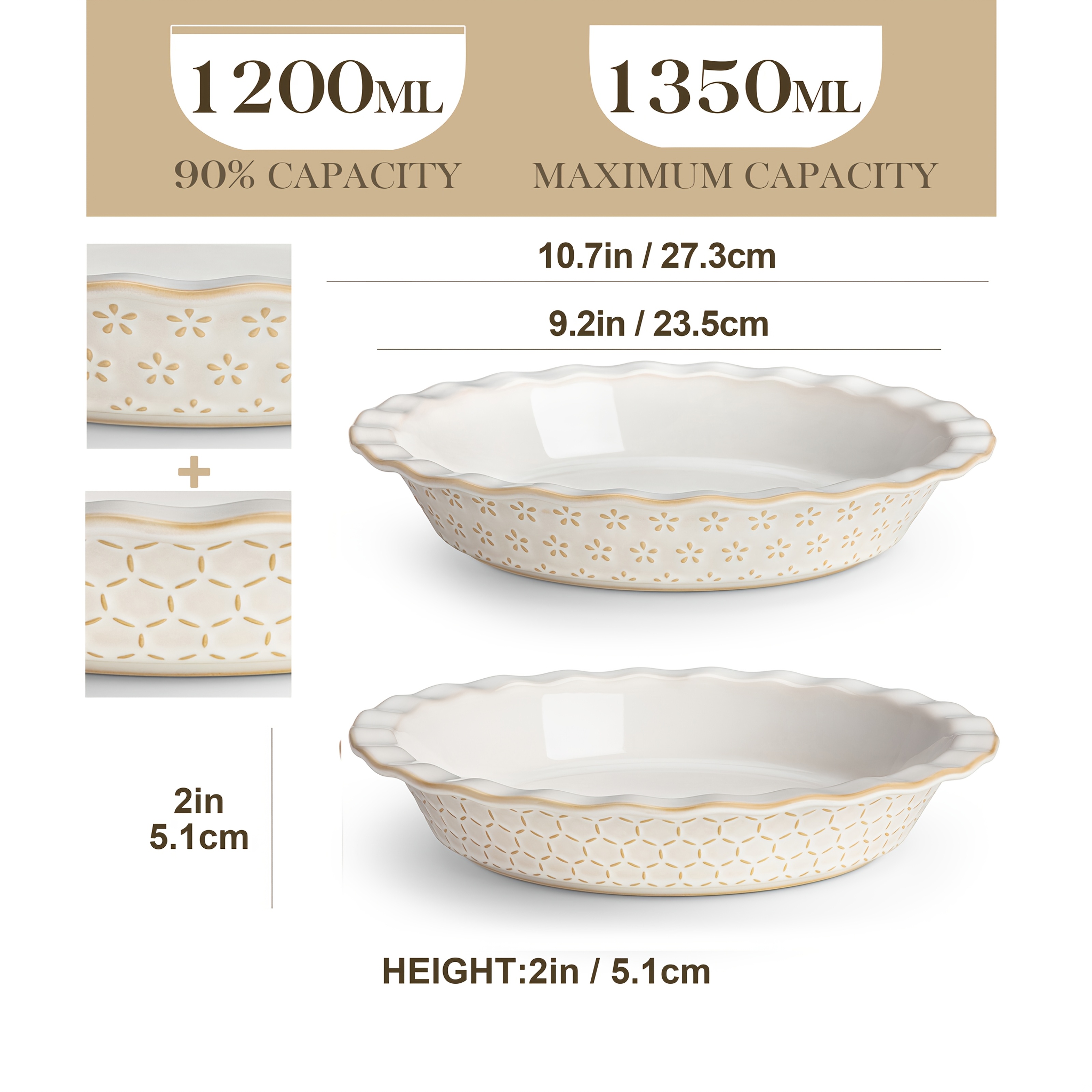 Image of 9 Inch Ceramic Pie Dish For Baking With Unique Kiln- Glaze, Fluted Pan, Flower Embossed Edge, 45oz, Perfect For Pies, Quiches, & Desserts, Dishwasher And Microwave Safe, Holiday Gift