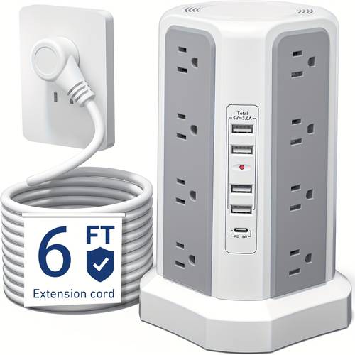 new product flat plug 16 ac outlets power strip tower withusb usb c port protector with 5 usb charging ports 6ft extension cord desktop power strip