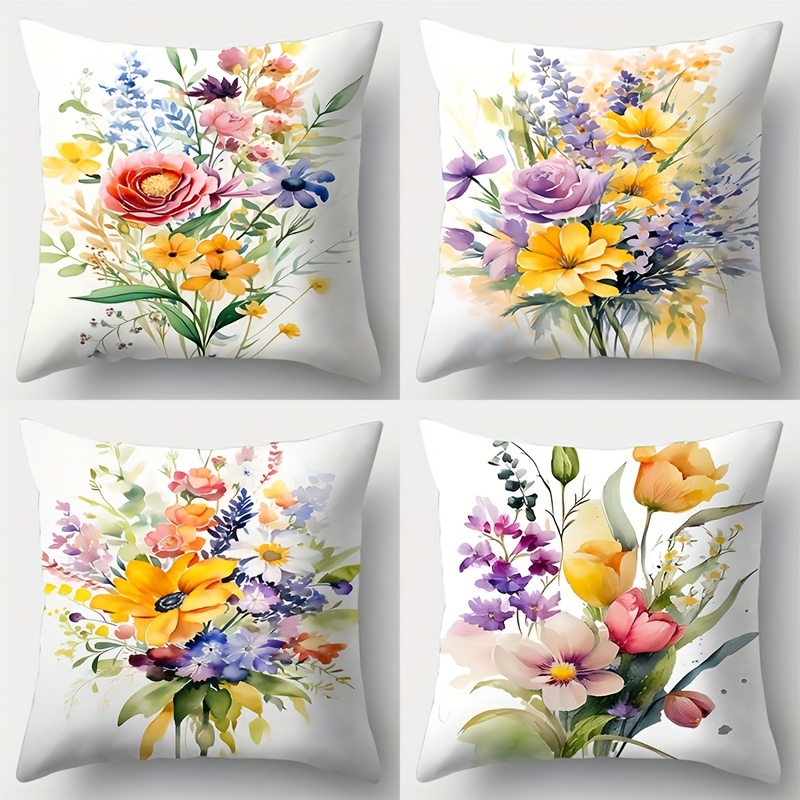 

4-piece Set Of Single-sided Printed Flower Throw Pillow Covers, 17.7"x17.7", Contemporary Style, Hand Wash Only, Zipper Closure, Suitable For Living Room, Woven Fabric, Polyester Cover