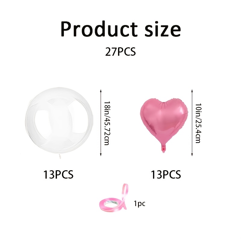 TEMU 27 Pack, Creative White Balloon Set, Contains 13 Clear Plastic Bobo Balls, 13 -shaped Foil Balloons And 1 Roll Of Ribbon, Suitable For Birthday,