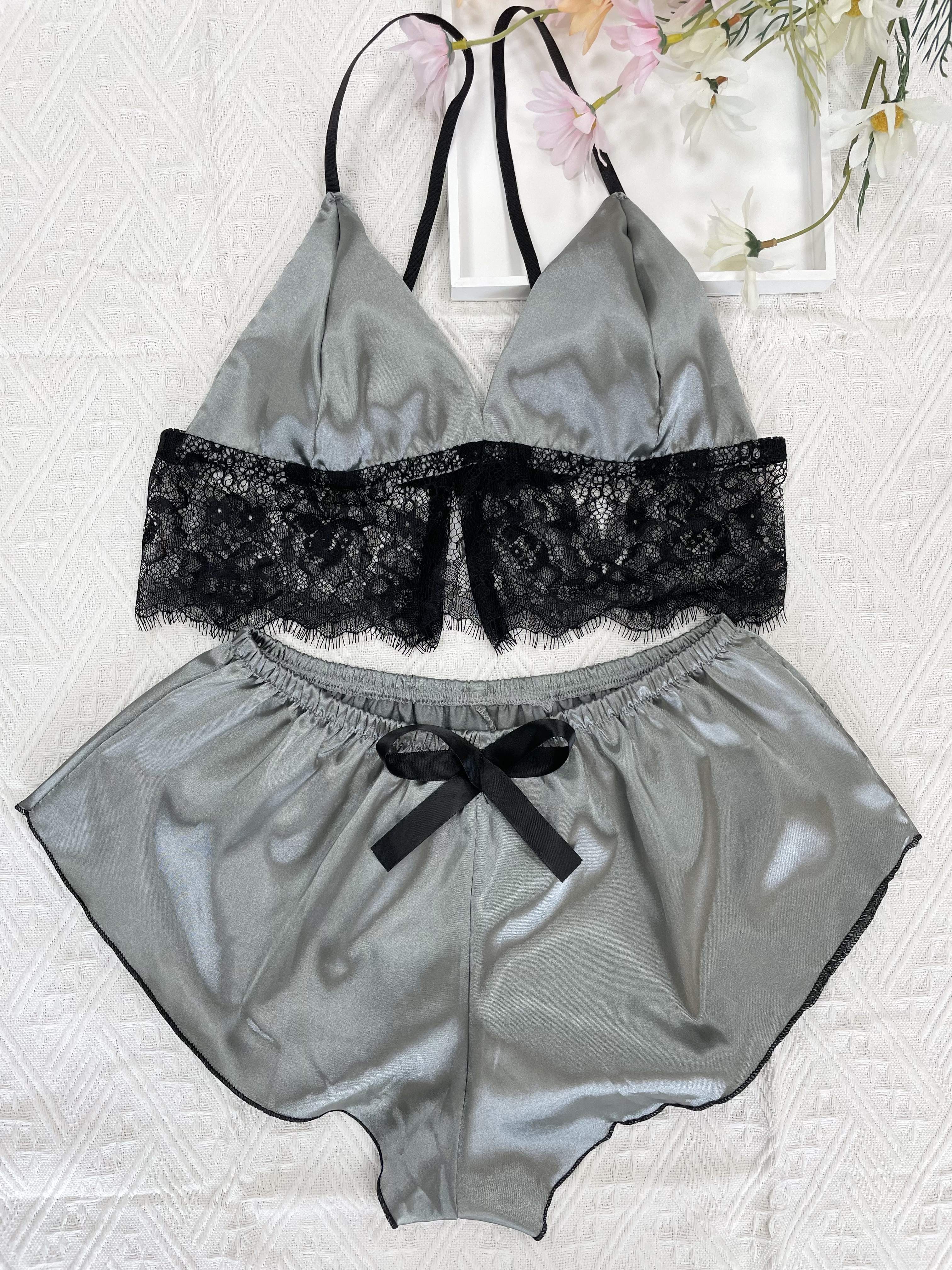 Sexy Contrast Lace Lingerie Set, Triangle Cups Ruffle Bra & Shorts, Women's  Sexy Lingerie & Underwear