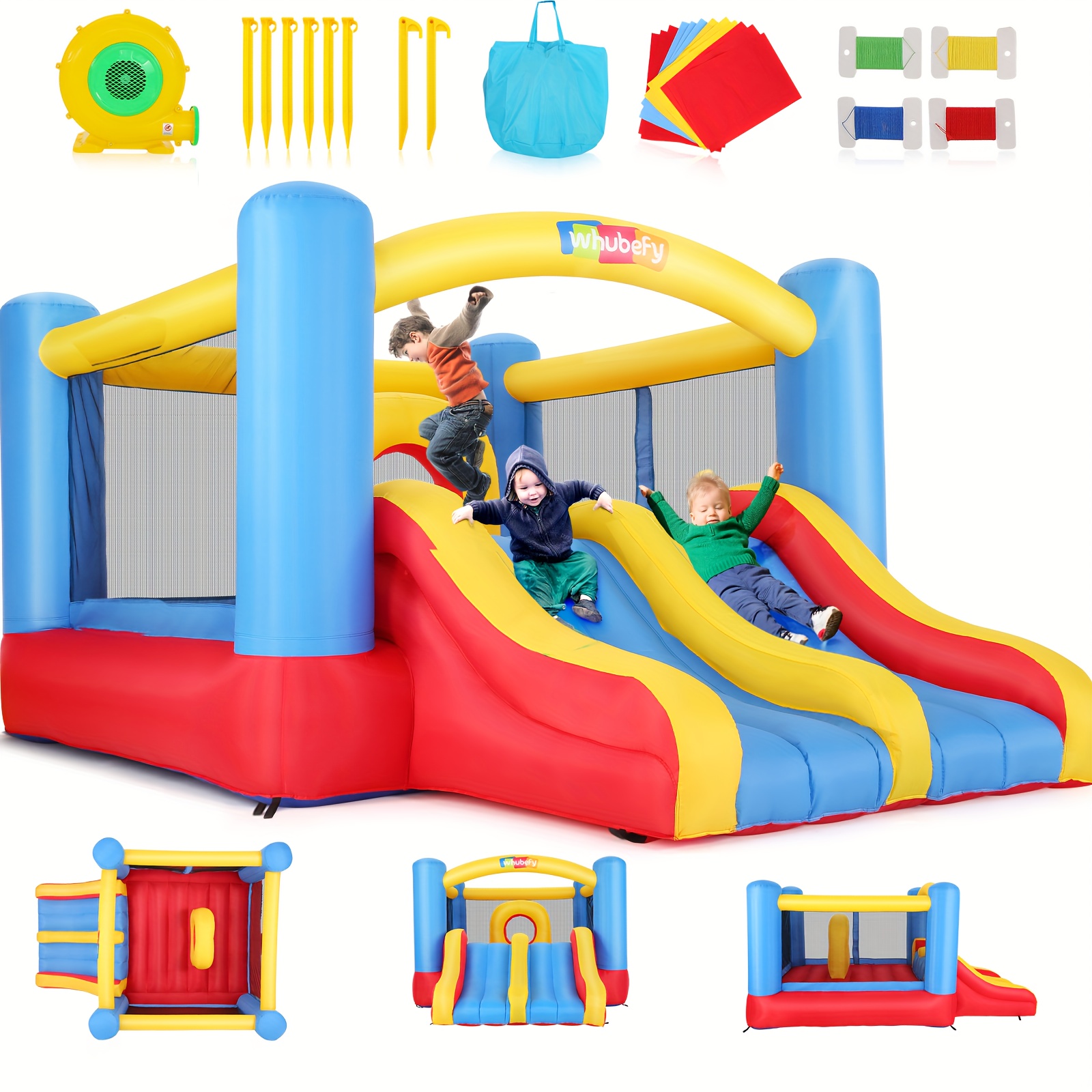 Napihljiva Bounce House z blazalnikom, dvojne tobogane, plezalna , košarkarski obroč in mreža, velik trampolin, primerno za notranjo in zunanjo