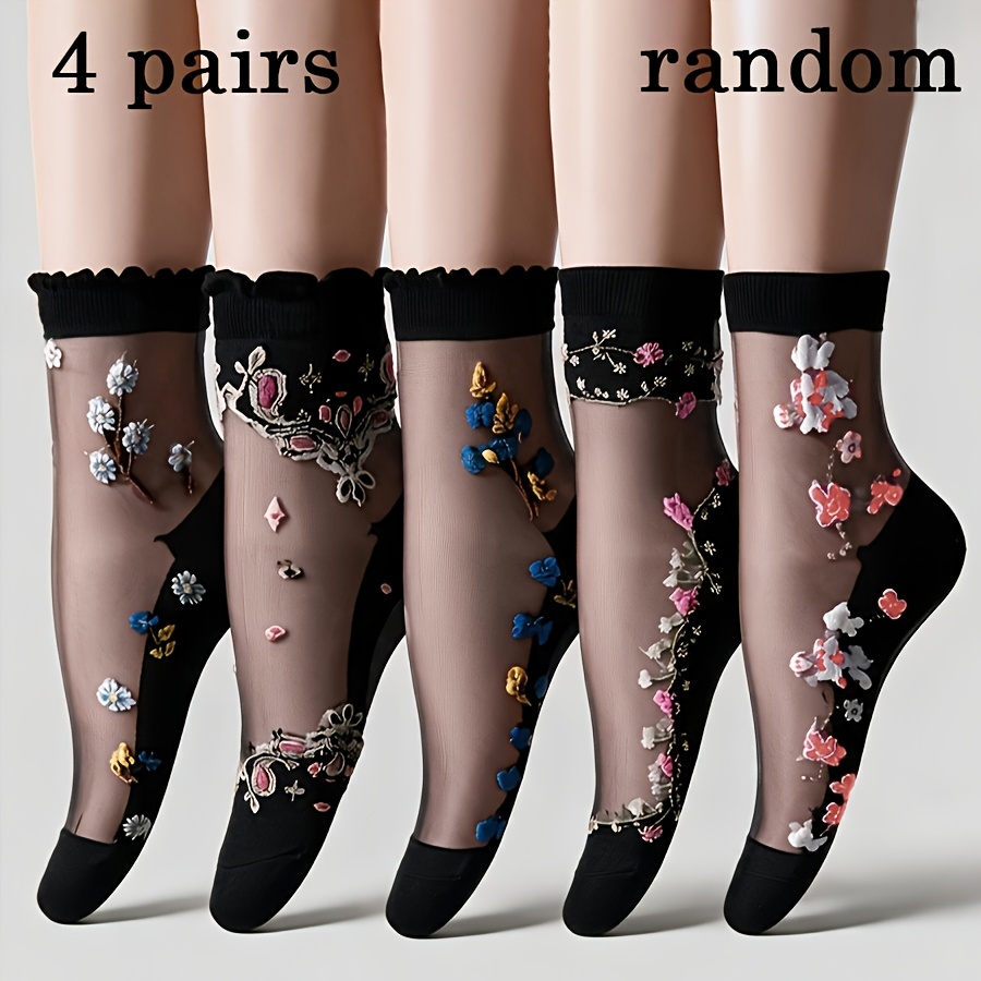 TEMU 4 Pairs Random Women's Floral Printed Sheer Socks Mid-calf Socks Thin Glass Fiber Women's Socks Soft Breathable Stockings Spring Summer Daily