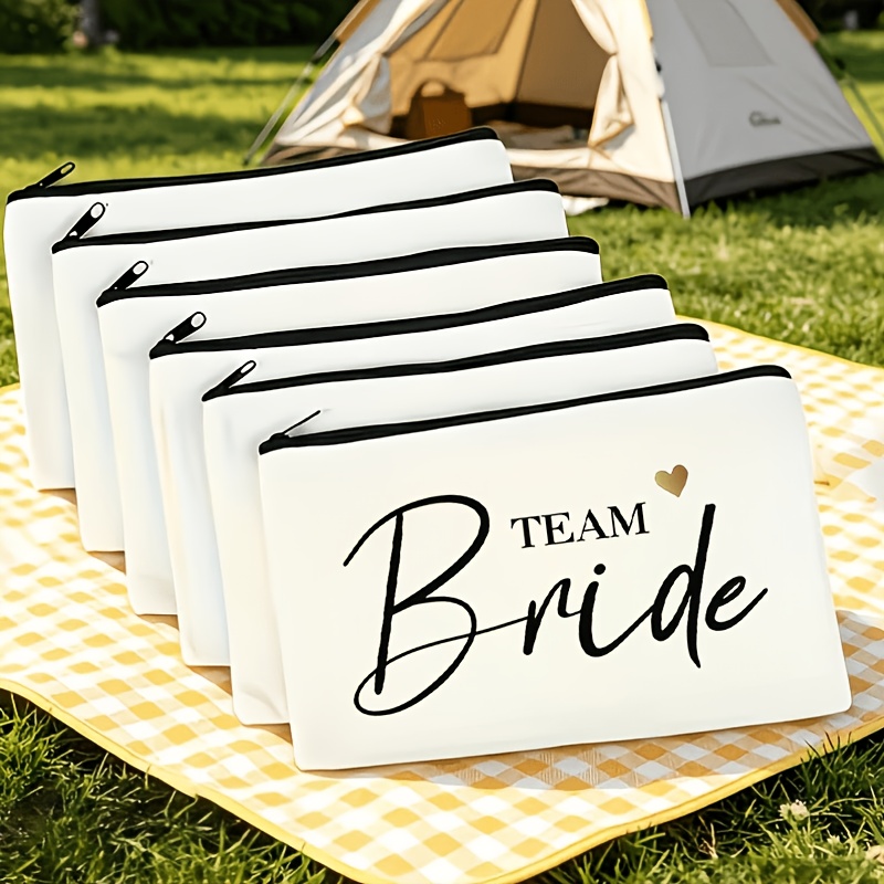 TEMU 6pcs 6pcs Wedding Bridesmaid Bags - Elegant Handwritten Suitable For Pre-wedding Party, Bachelorette Favor, Travel Toiletry, Portable Zipper