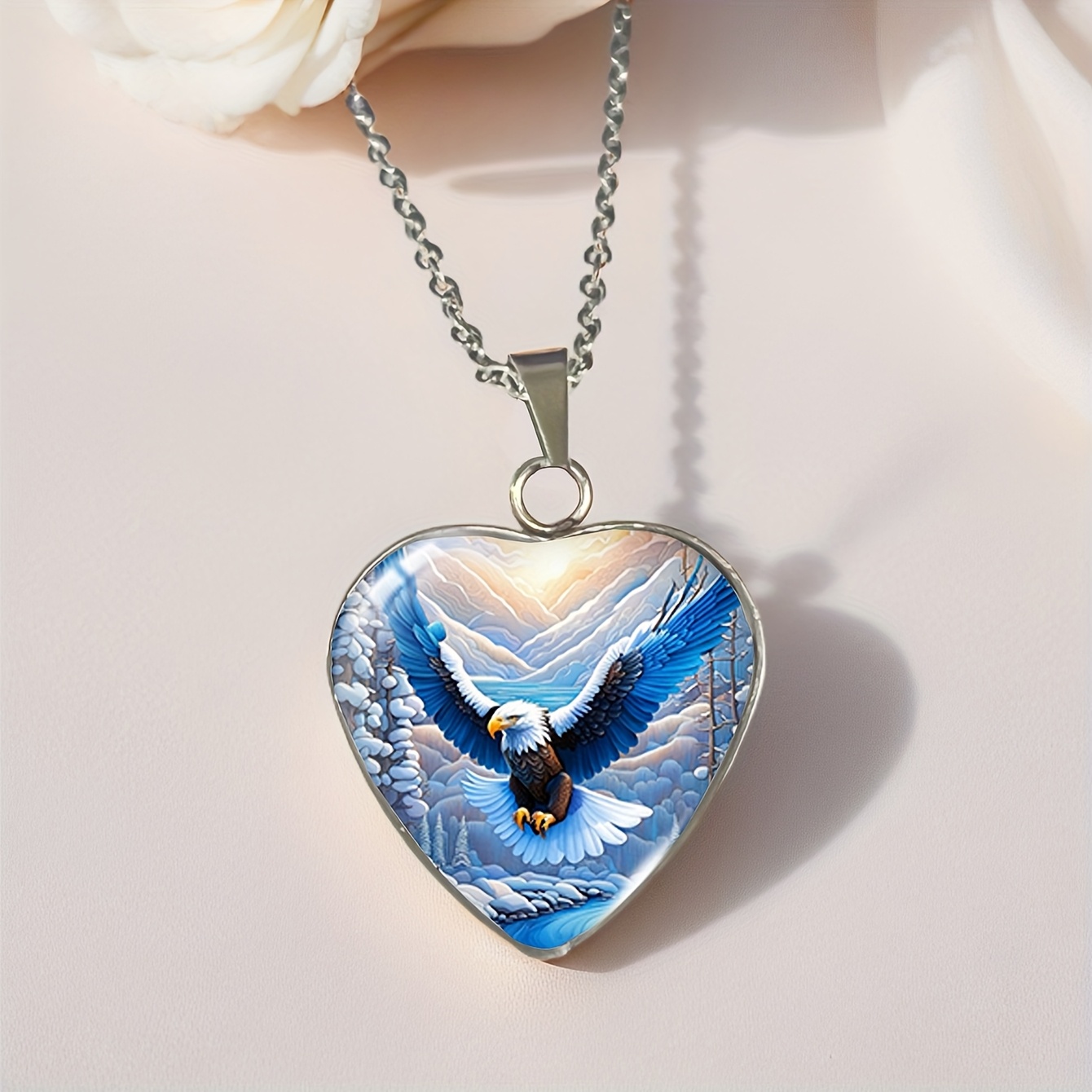 TEMU A Stylish Heart-shaped Time Gem Pendant Necklace Made Of 304 304 Stainless Steel, Featuring An Eagle In A During Winter, Perfect As A Gift For