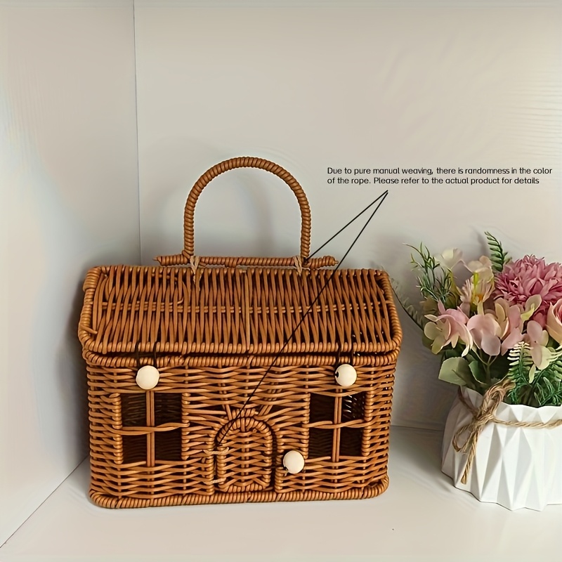 Image of (random Color)faridabio 1pc Rattan Shape Storage Bin With Cover - Vintage Style, Portable And Versatile Home Decoration, Perfect For Halloween And Outdoor Activities, Shelf Baskets
