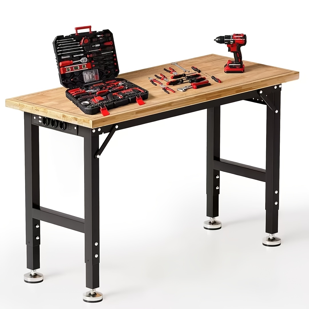 TEMU Heavy-duty Workbench Made Of Rubberwood, 122cm Work Table With 5 Adjustable Height Settings, Worktable With Pegboard And Ruler, 907kg Load