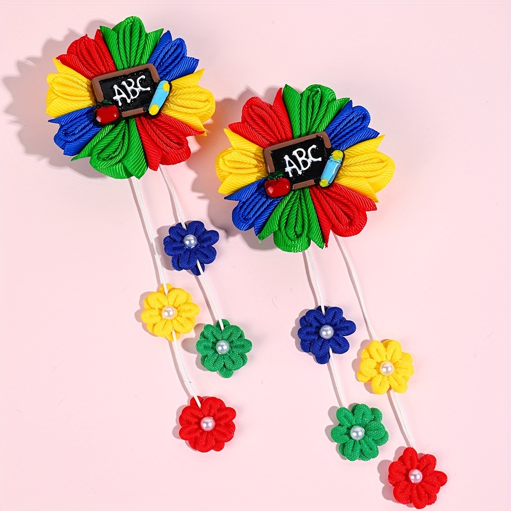 

2pcs Back To School Flower Hair Clips For Girls Flower Shaped Ribbon Hair Barrettes Pencil Fruit Decor Hair Pins For Girls Flower Tassel School Hair Accessories For Gifts