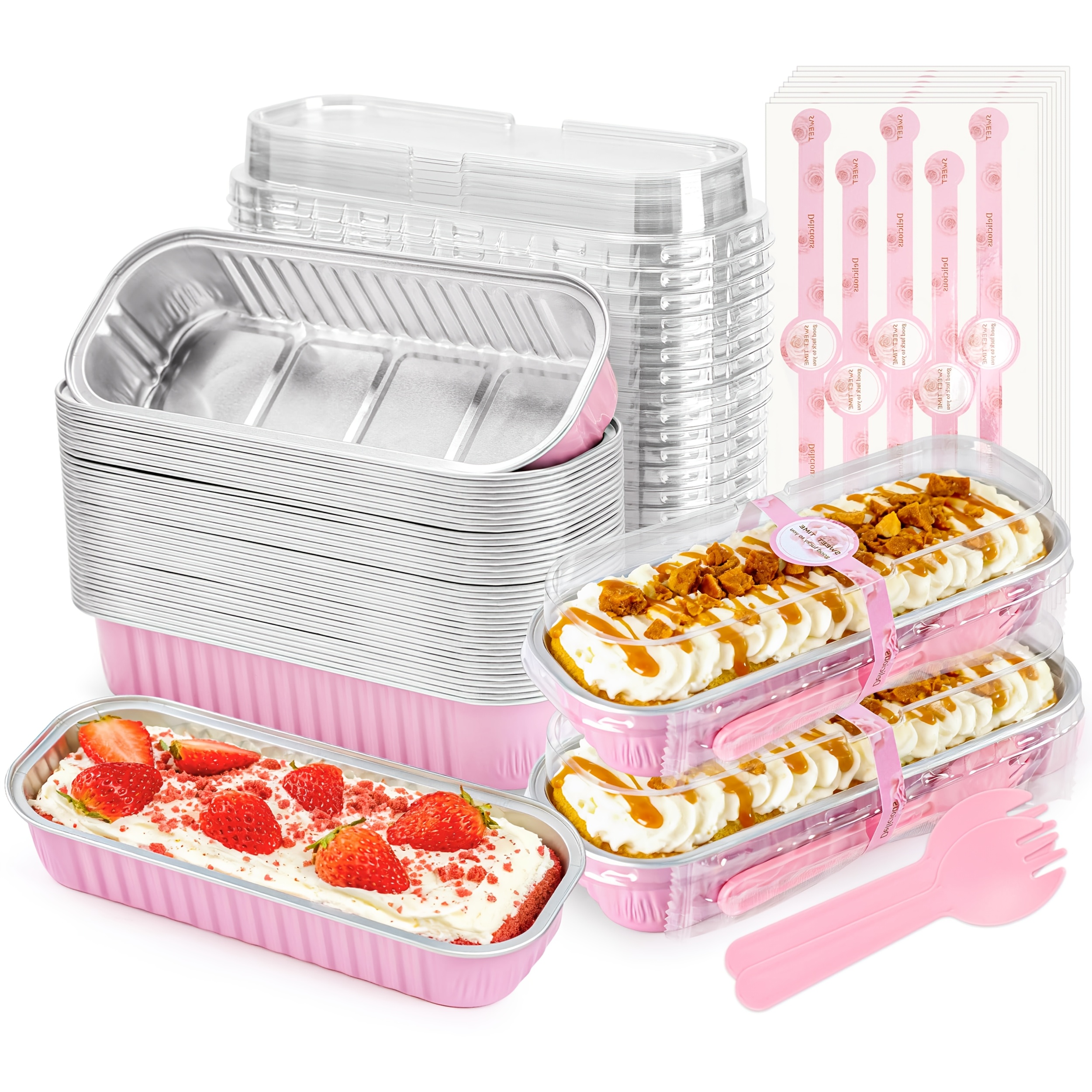 100 pack mini cake pans with lids and spoons rectangular aluminum foil baking pans mini cheesecake containers 6 8oz