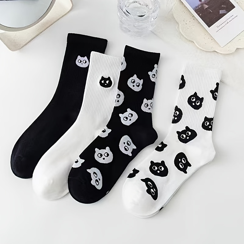 TEMU 4 Pairs Of Women's Cute Mid-calf Socks Featuring Black And White Cartoon Cats, Spring And Summer, In A Trendy Korean Style
